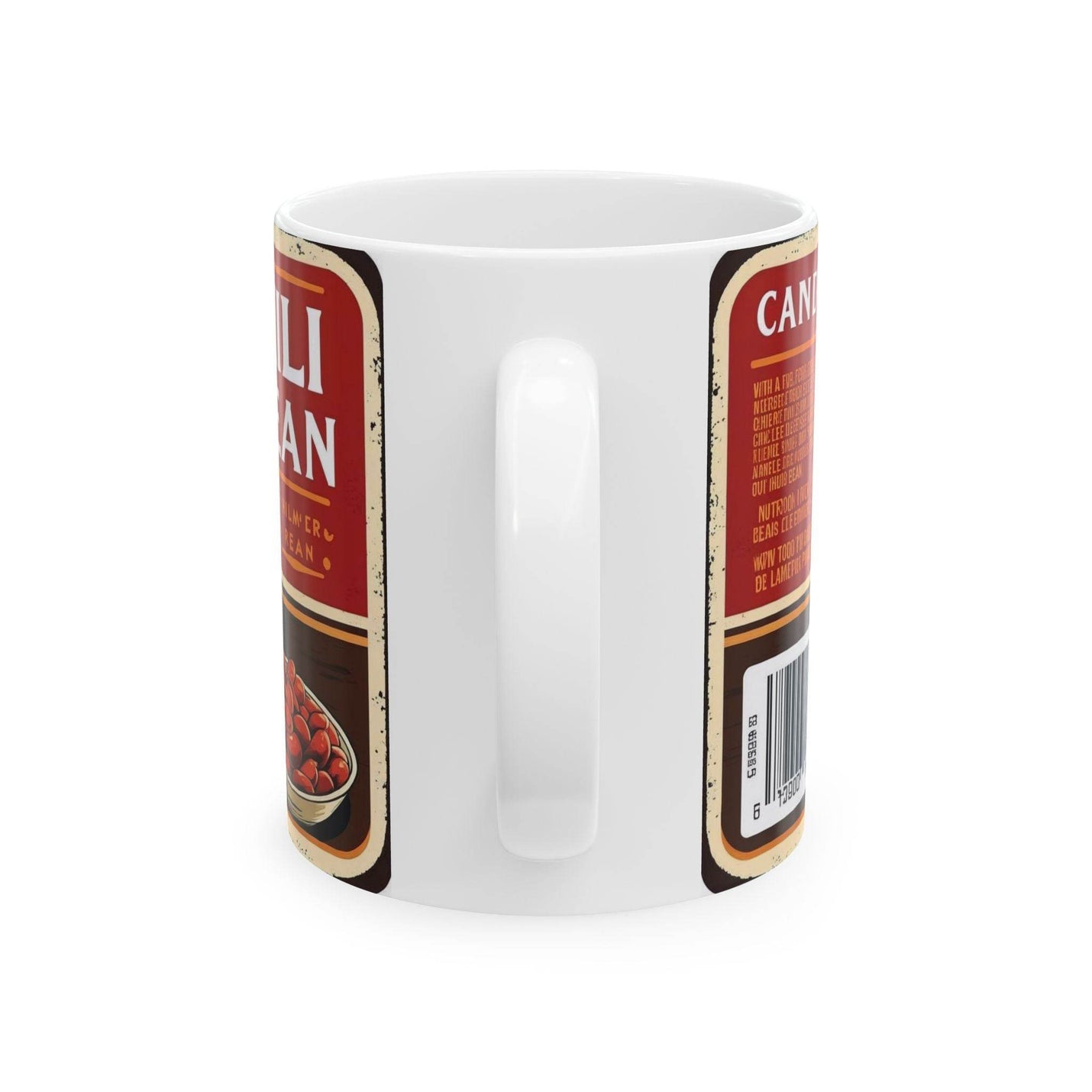 Cozy winter morning view of a 11oz Mug - Steamy Can of Chili Beans Ceramic Coffee Mug near a bright sunlit window.