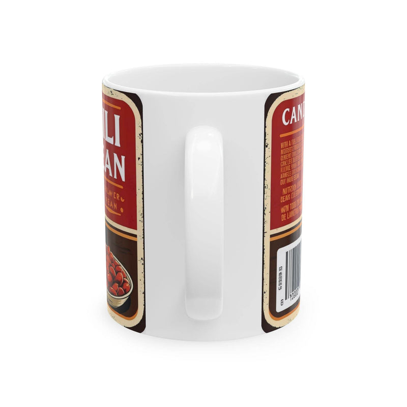 Cozy winter morning view of a 11oz Mug - Steamy Can of Chili Beans Ceramic Coffee Mug near a bright sunlit window.