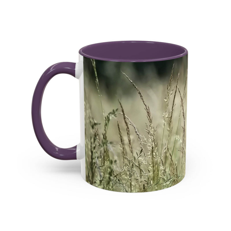 Ein 325ml blühendes Gras Keramik-Becher mit einem lila Henkel und einer lila Innenseite für künstlerische Kaffeepausen.