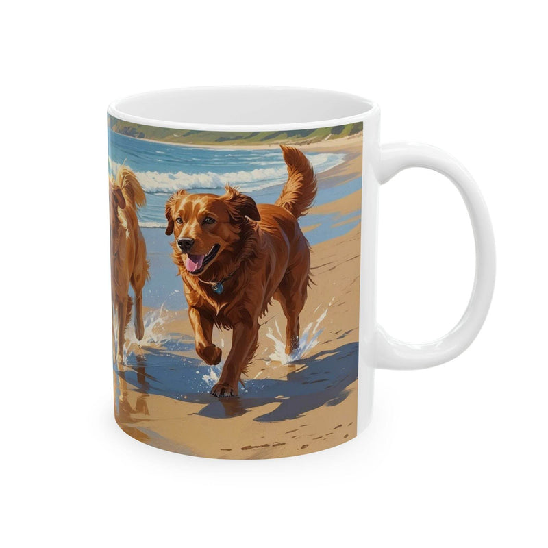 Premium 11oz dog themed Mug - Dogs on the Sunny Beach Ceramic Coffee Mug filled with hot beverage on a rustic dining table.