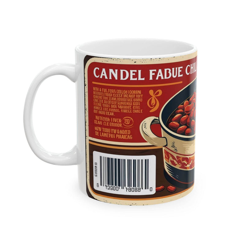 Whimsical 11oz ceramic Mug - Steamy Can of Chili Beans Ceramic Coffee Mug with a food design resting on a modern kitchen counter.